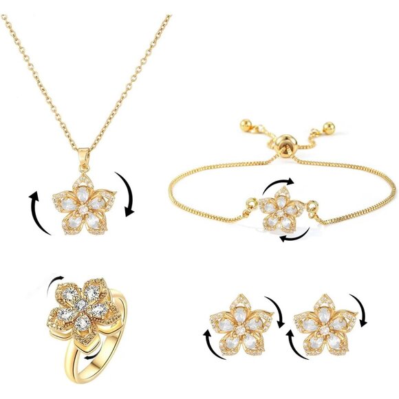 Women's White Gold Four Piece Set Flower Rotatable Crystal Pendant Necklaces - Picture 7 of 7